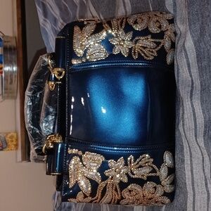 Patent Leather Top Handle Crossbody Handbag, Navy & Gold & Silver, 12.5x7. 5x5.5